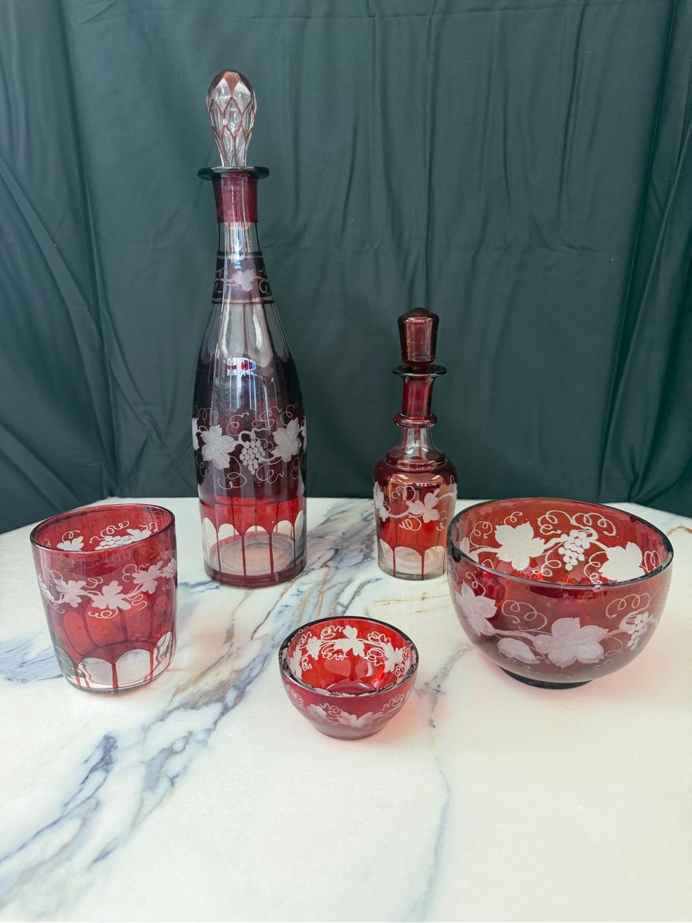 Vintage Bohemian Ruby Red Cut to Clear 5-piece Set